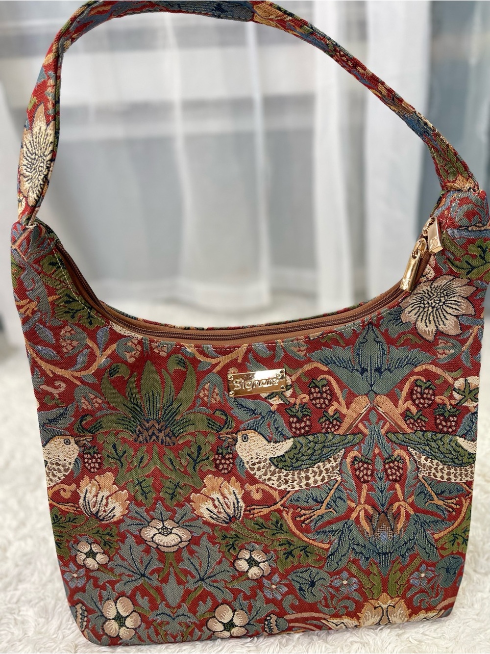 Signature Red Tapestry Shoulder Bag with Multicolor Floral & Bird Motif